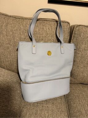 Joy Mangano Double Decker Light Blue with Gold Accent, leather tote & wristlet